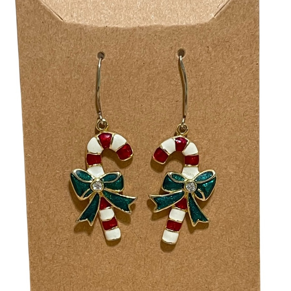 Festive Holiday Candy Cane Dangle Pierced Earrings Gold Tone Christmas Colors